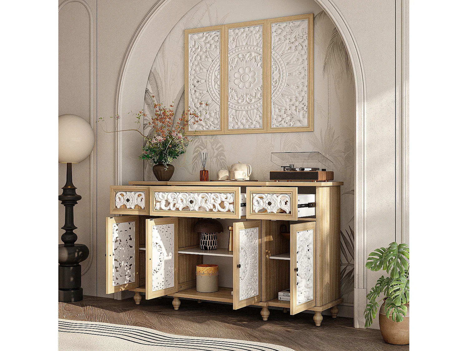 Buffet de Salon avec Décor Mural, 3 Tiroirs et 4 Portes avec Façade Sculptés et Ajourés, Chambre et Salon, 150x40x90, Blanc et Chêne