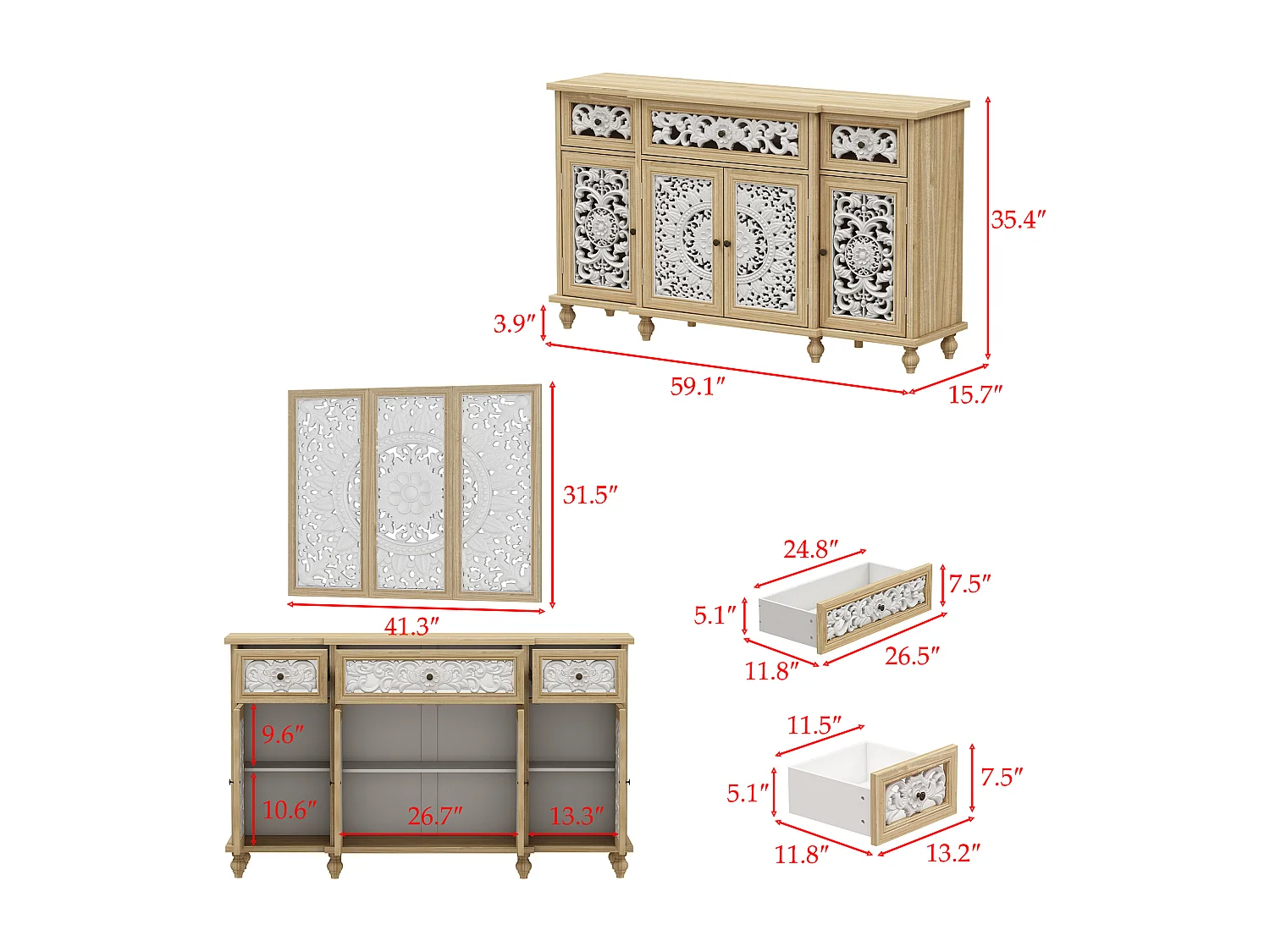 Buffet de Salon avec Décor Mural, 3 Tiroirs et 4 Portes avec Façade Sculptés et Ajourés, Chambre et Salon, 150x40x90, Blanc et Chêne