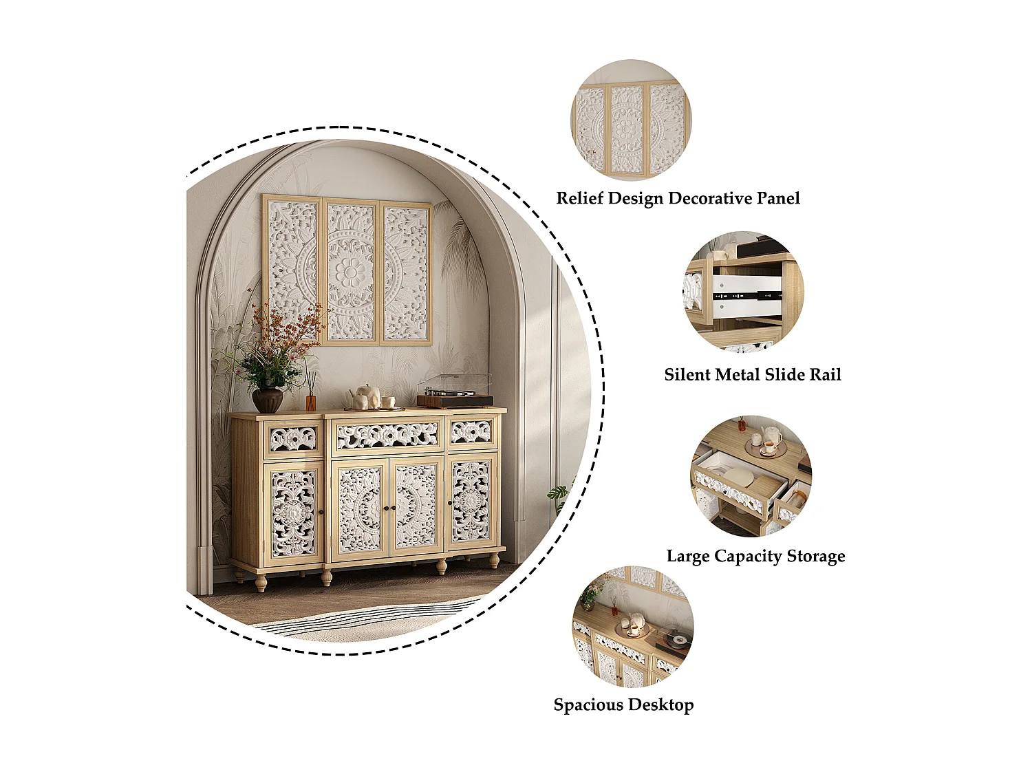 Buffet de Salon avec Décor Mural, 3 Tiroirs et 4 Portes avec Façade Sculptés et Ajourés, Chambre et Salon, 150x40x90, Blanc et Chêne