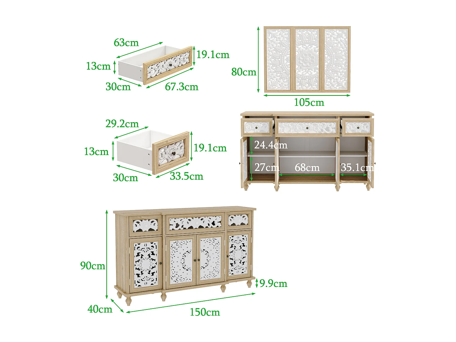 Buffet de Salon avec Décor Mural, 3 Tiroirs et 4 Portes avec Façade Sculptés et Ajourés, Chambre et Salon, 150x40x90, Blanc et Chêne