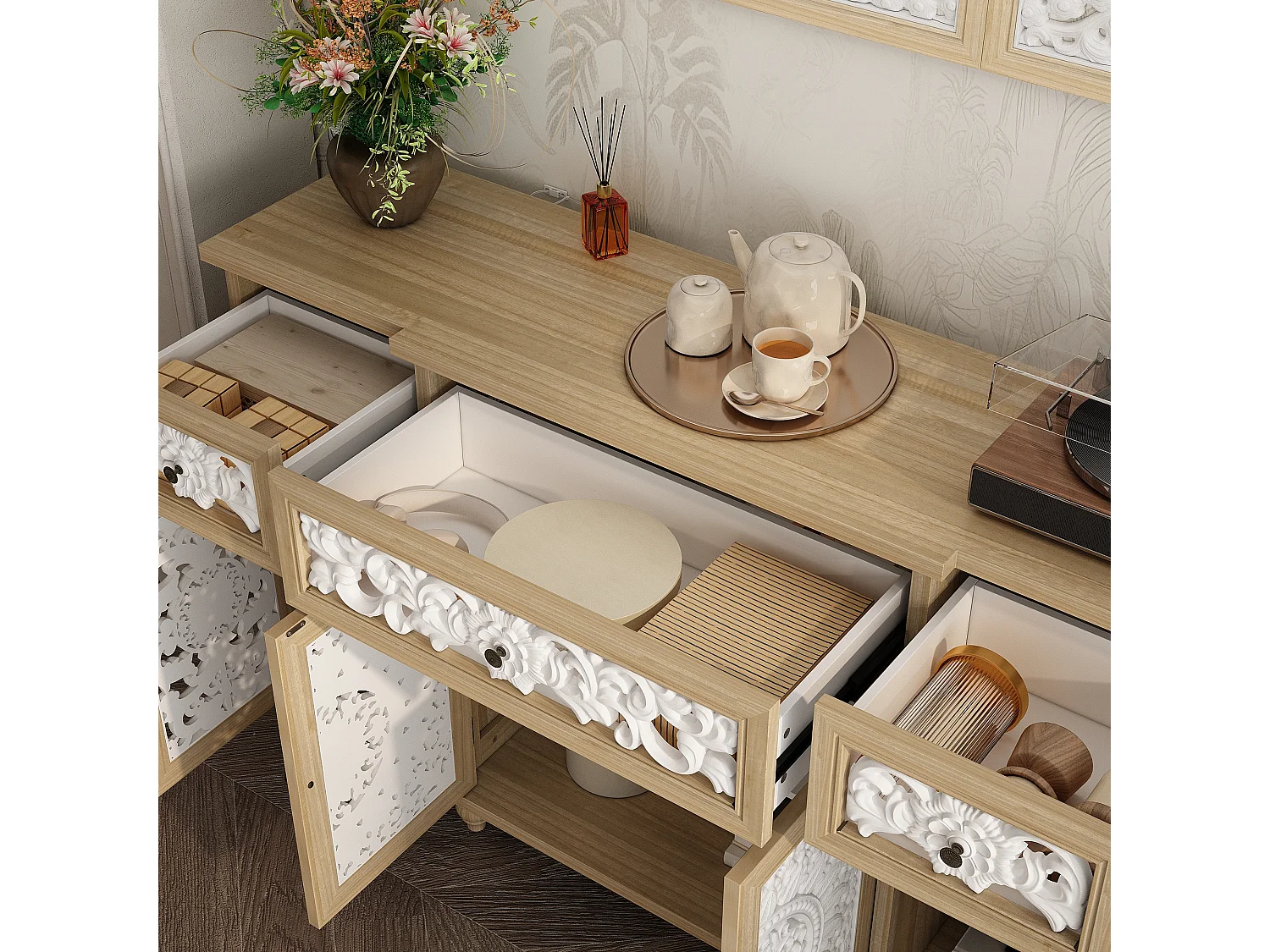 Buffet de Salon avec Décor Mural, 3 Tiroirs et 4 Portes avec Façade Sculptés et Ajourés, Chambre et Salon, 150x40x90, Blanc et Chêne