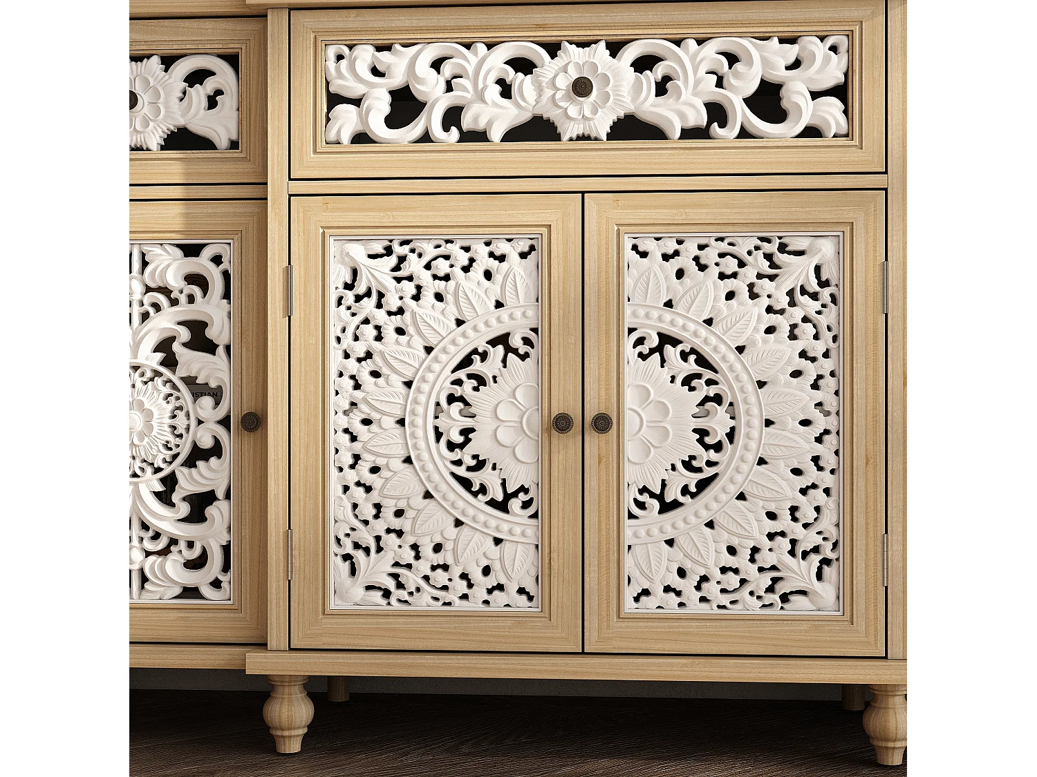 Buffet de Salon avec Décor Mural, 3 Tiroirs et 4 Portes avec Façade Sculptés et Ajourés, Chambre et Salon, 150x40x90, Blanc et Chêne