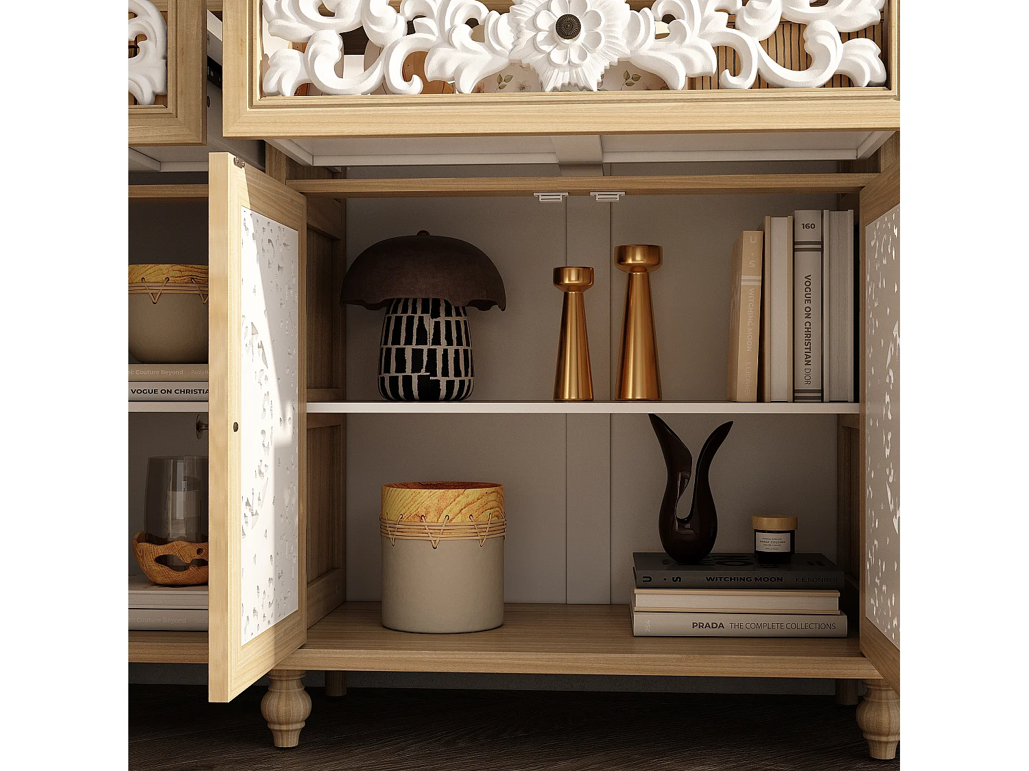 Buffet de Salon avec Décor Mural, 3 Tiroirs et 4 Portes avec Façade Sculptés et Ajourés, Chambre et Salon, 150x40x90, Blanc et Chêne