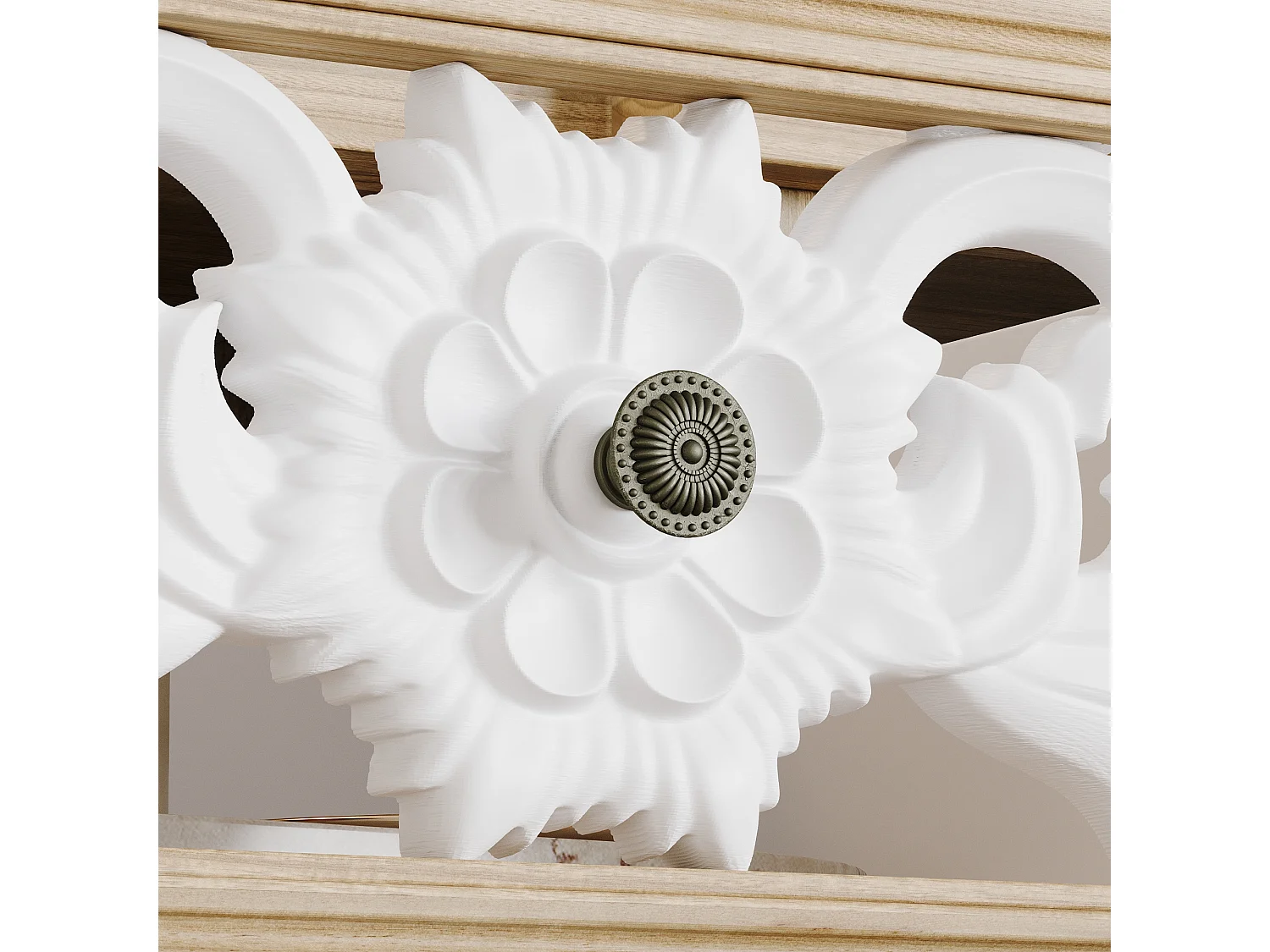 Buffet de Salon avec Décor Mural, 3 Tiroirs et 4 Portes avec Façade Sculptés et Ajourés, Chambre et Salon, 150x40x90, Blanc et Chêne