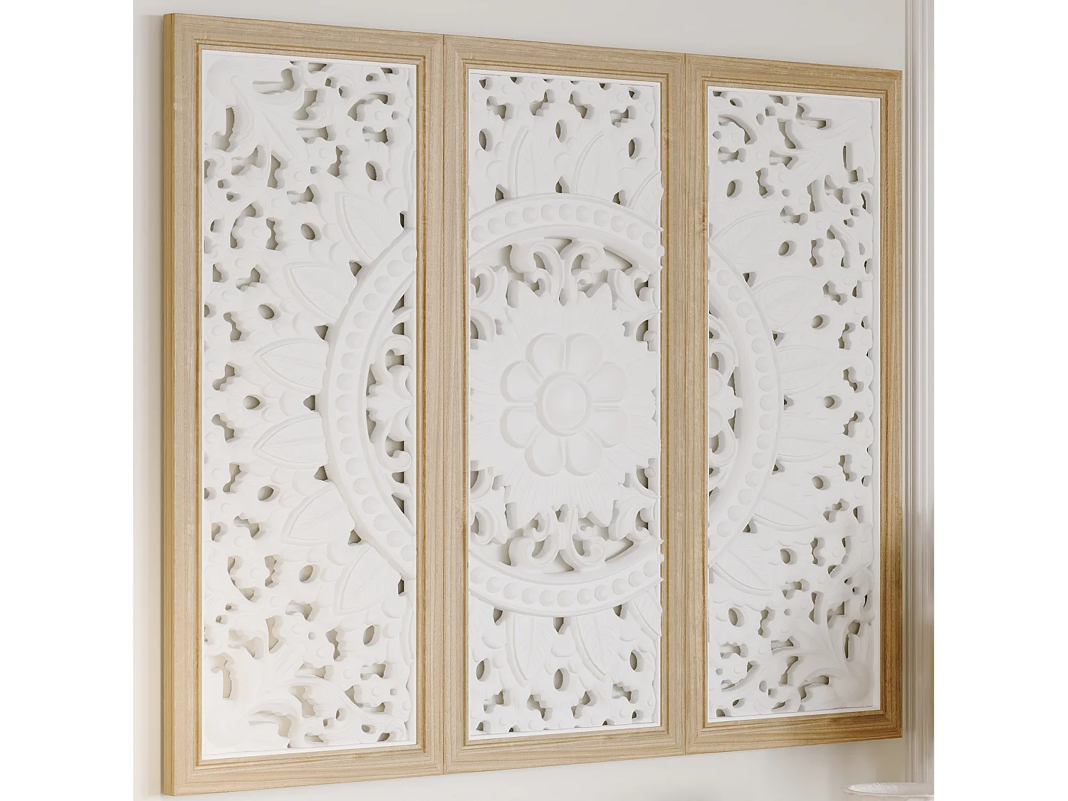 Buffet de Salon avec Décor Mural, 3 Tiroirs et 4 Portes avec Façade Sculptés et Ajourés, Chambre et Salon, 150x40x90, Blanc et Chêne