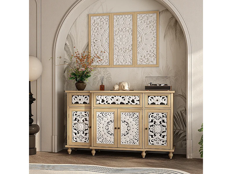 Buffet de Salon avec Décor Mural, 3 Tiroirs et 4 Portes avec Façade Sculptés et Ajourés, Chambre et Salon, 150x40x90, Blanc et Chêne