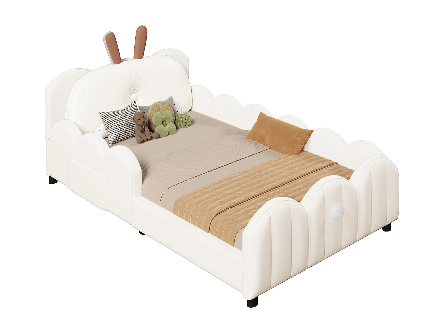 Lit plateforme capitonné pour enfant - 90 x 200 cm - avec coussins en forme de lapin  - MDF - beige