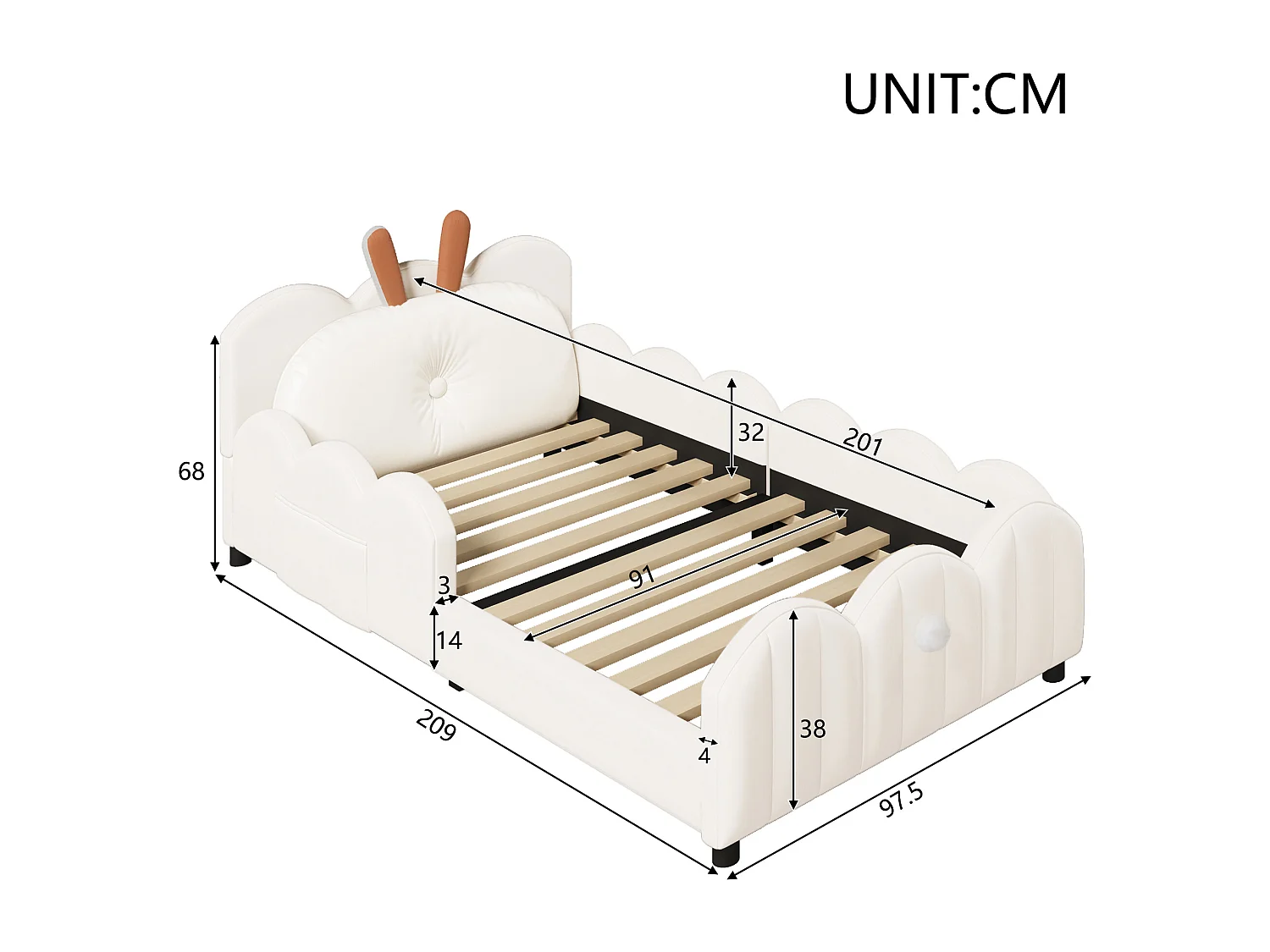 Lit plateforme capitonné pour enfant - 90 x 200 cm - avec coussins en forme de lapin  - MDF - beige