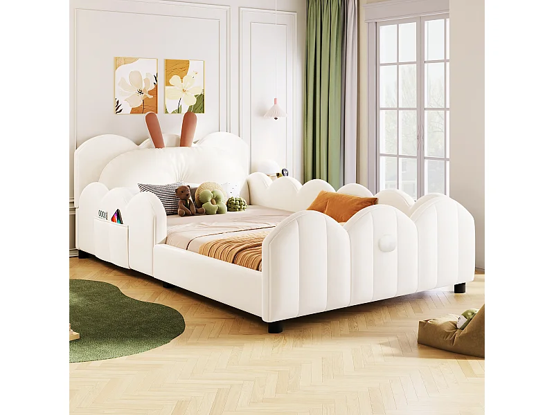 Lit plateforme capitonné pour enfant - 90 x 200 cm - avec coussins en forme de lapin  - MDF - beige