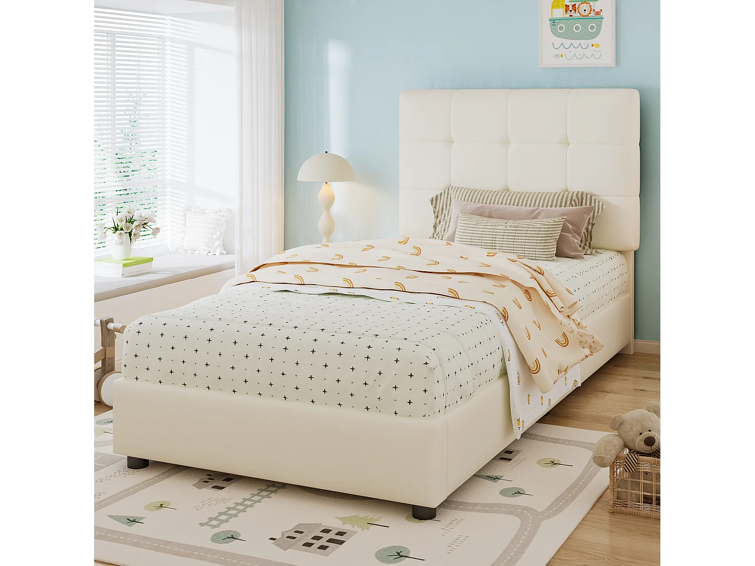 Lit capitonné simple pour enfant - 90 x 200 cm - avec tête de lit et dossier moelleux - PU + fer + mousse + contreplaqué - beige