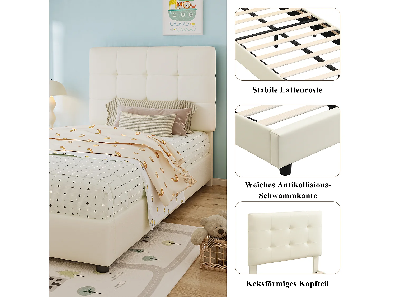 Lit capitonné simple pour enfant - 90 x 200 cm - avec tête de lit et dossier moelleux - PU + fer + mousse + contreplaqué - beige