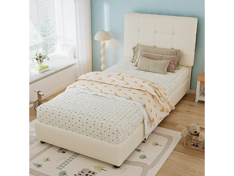 Lit capitonné simple pour enfant - 90 x 200 cm - avec tête de lit et dossier moelleux - PU + fer + mousse + contreplaqué - beige
