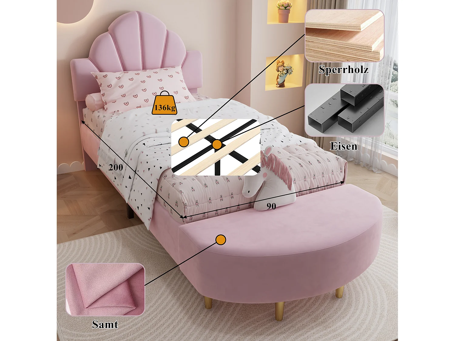 Lit capitonné simple pour enfant - 90 x 200 cm - avec tête de lit en + banc assorti - velours et contreplaqué - rose