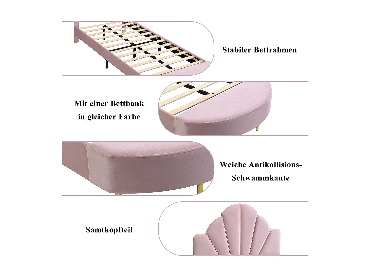 Lit capitonné simple pour enfant - 90 x 200 cm - avec tête de lit en + banc assorti - velours et contreplaqué - rose