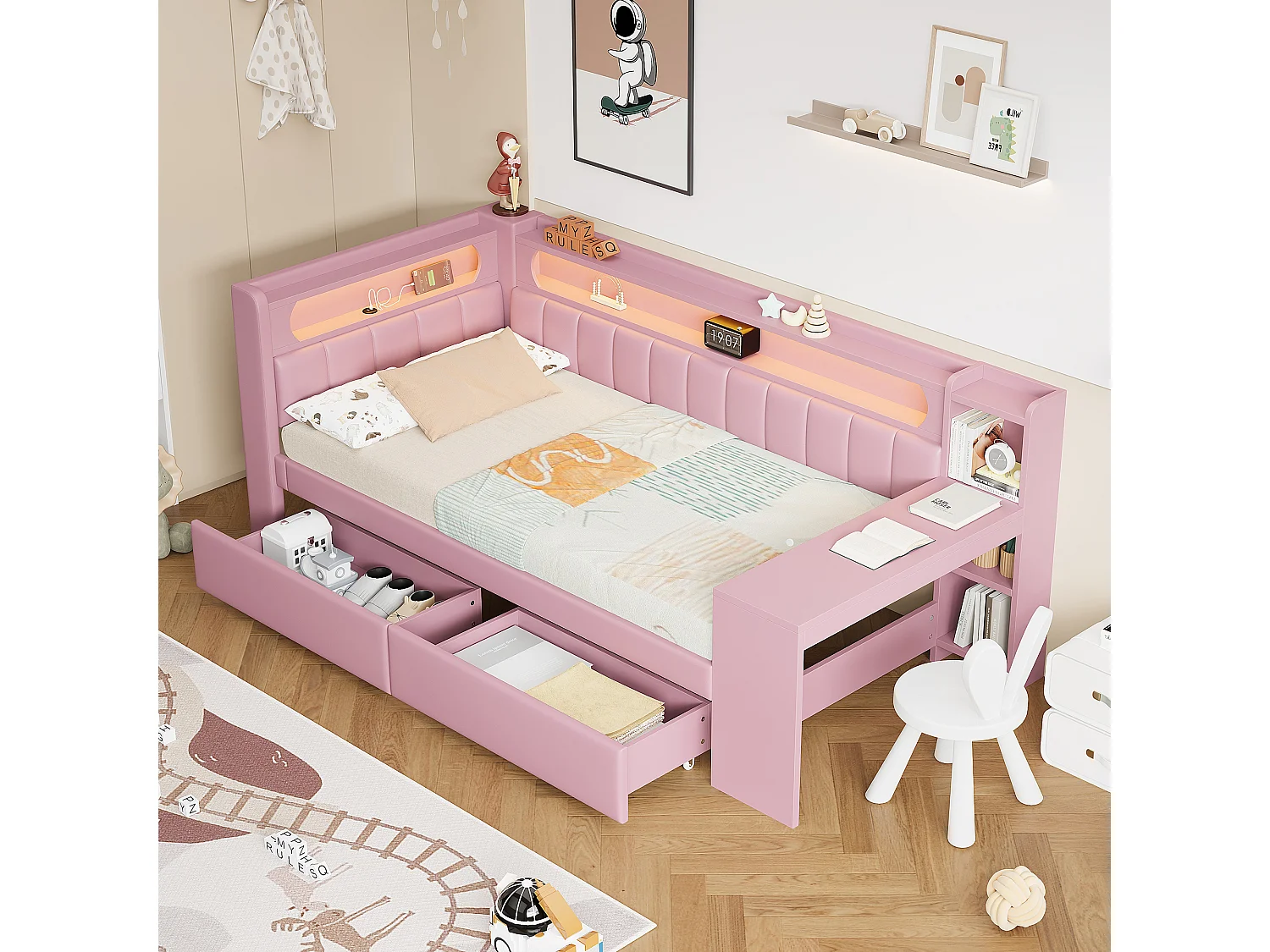 Canapé-lit pour enfant - 90 x 200 cm - avec Leds + USB + bureau + 2 tirois - MDF + lin - rose