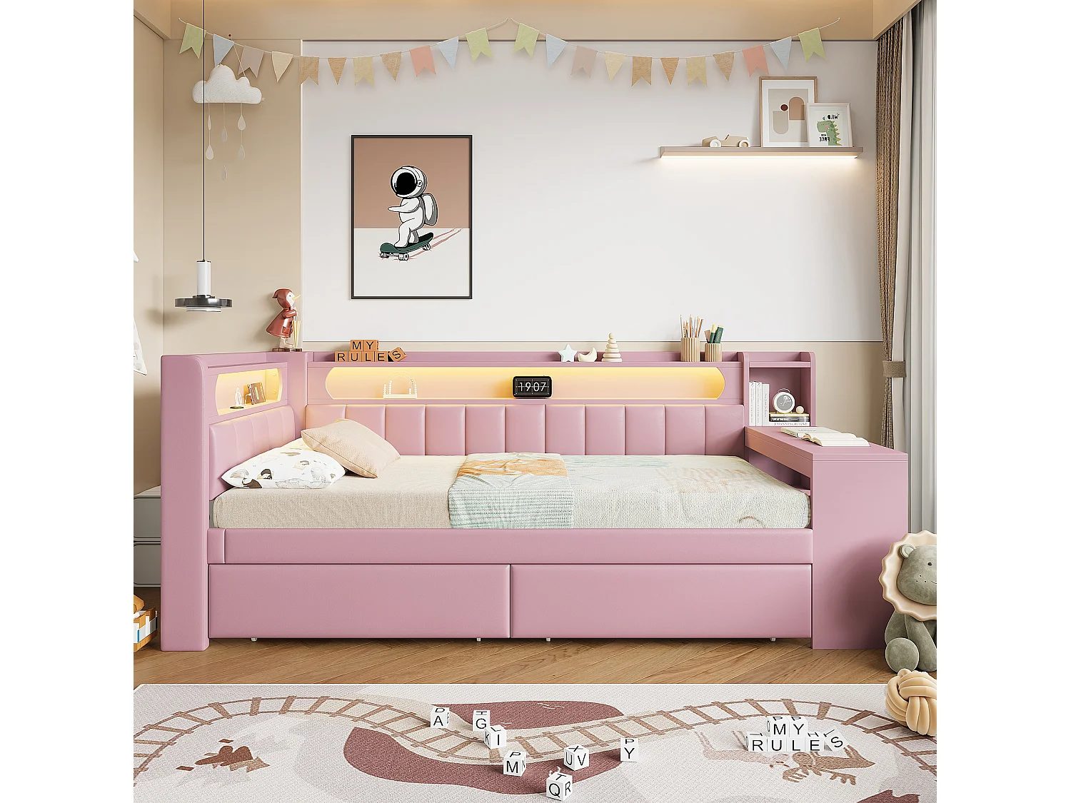Canapé-lit pour enfant - 90 x 200 cm - avec Leds + USB + bureau + 2 tirois - MDF + lin - rose