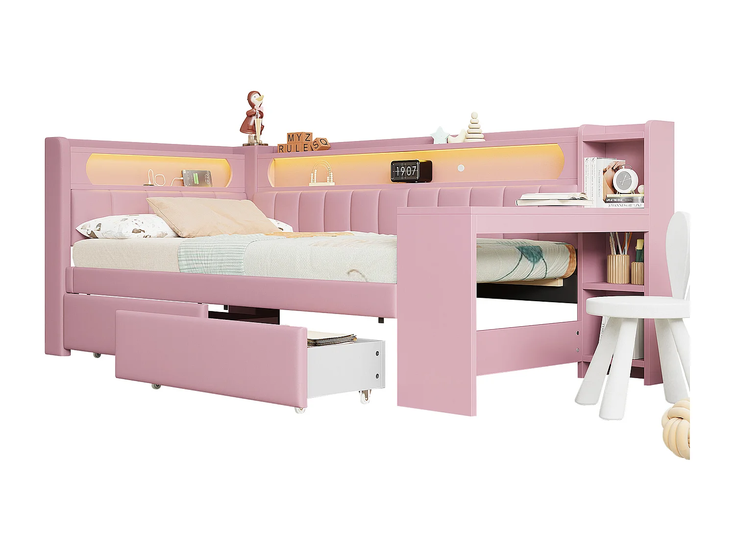 Canapé-lit pour enfant - 90 x 200 cm - avec Leds + USB + bureau + 2 tirois - MDF + lin - rose