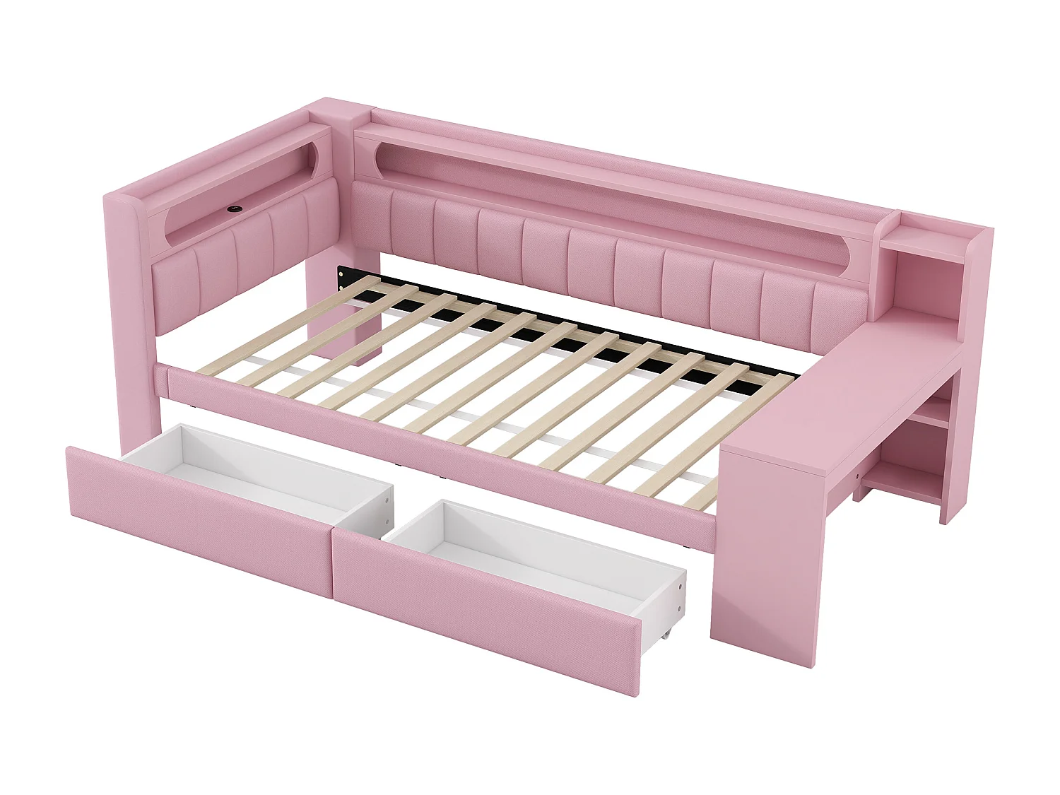 Canapé-lit pour enfant - 90 x 200 cm - avec Leds + USB + bureau + 2 tirois - MDF + lin - rose