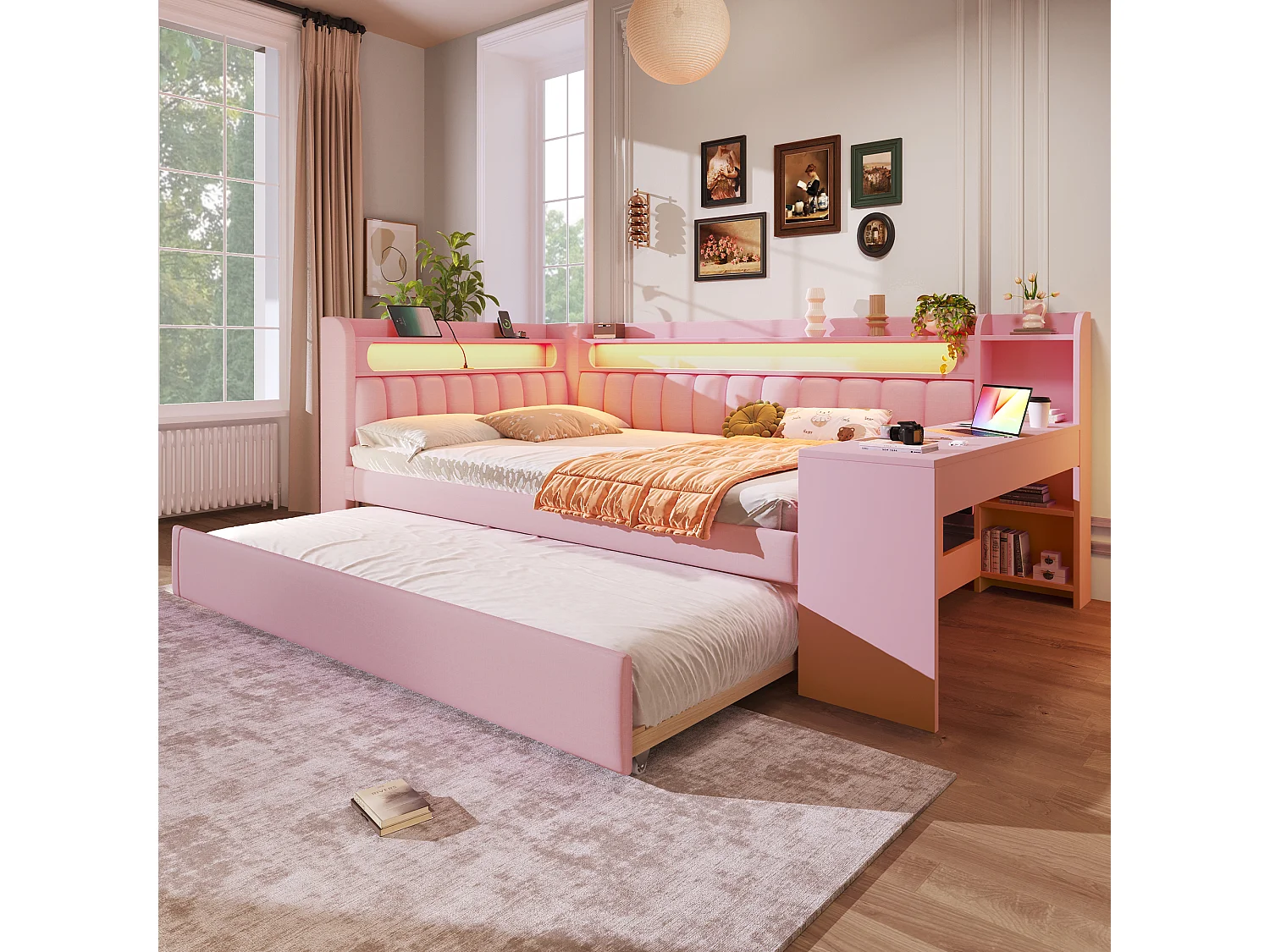 Canapé-lit enfant - 140 x 200 - avec lit gigogne 90 x 190 cm + avec Leds + bureau + rangement - MDF + lin - rose