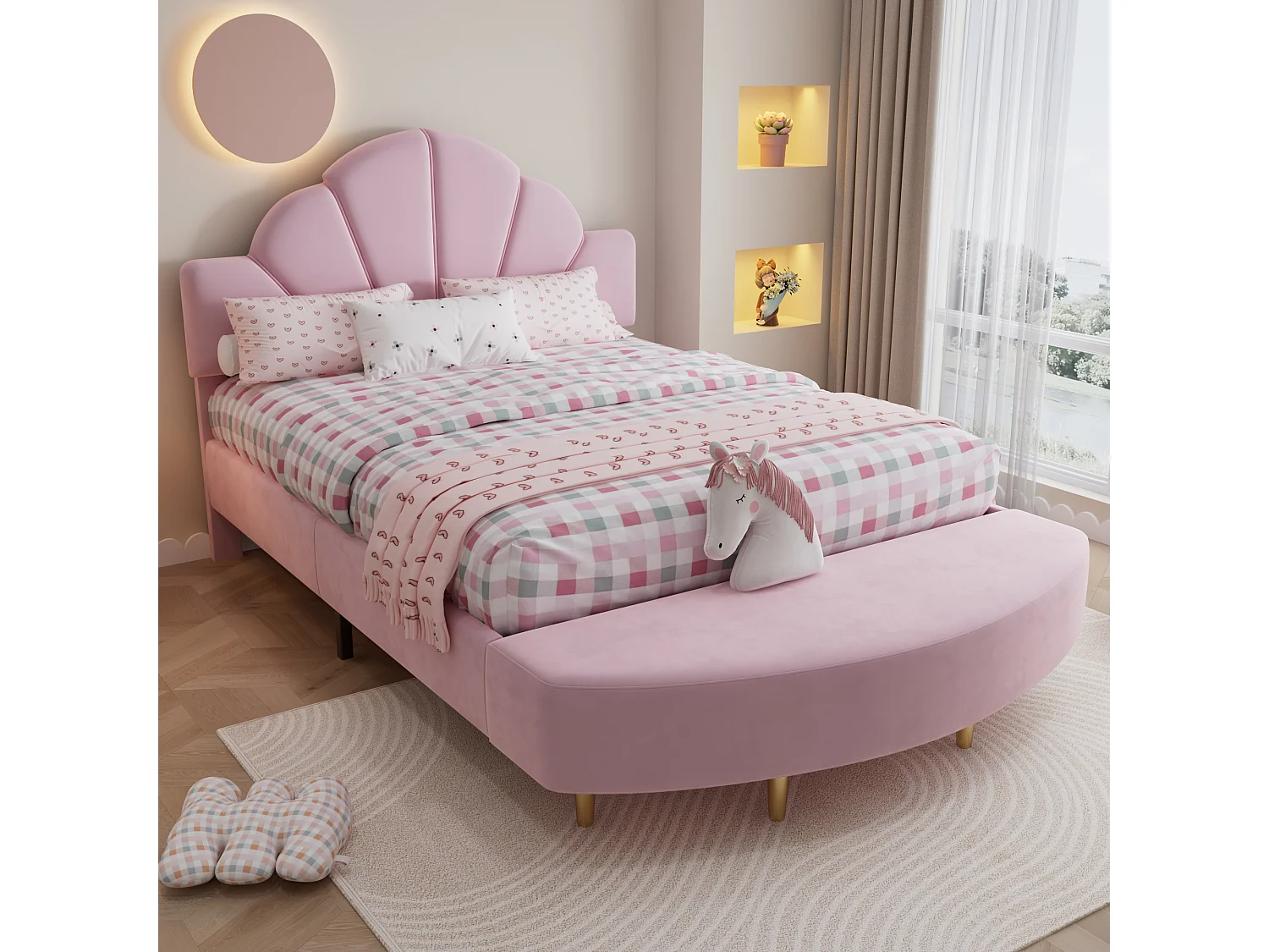 Lit capitonné simple pour enfant - 140 x 200 cm - avec tête de lit en + banc assorti - velours et contreplaqué - rose