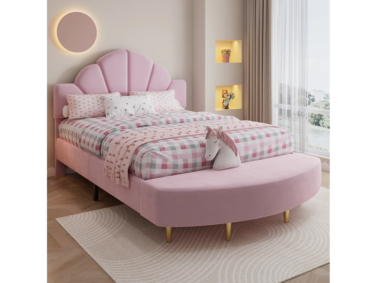 Lit capitonné simple pour enfant - 140 x 200 cm - avec tête de lit en + banc assorti - velours et contreplaqué - rose