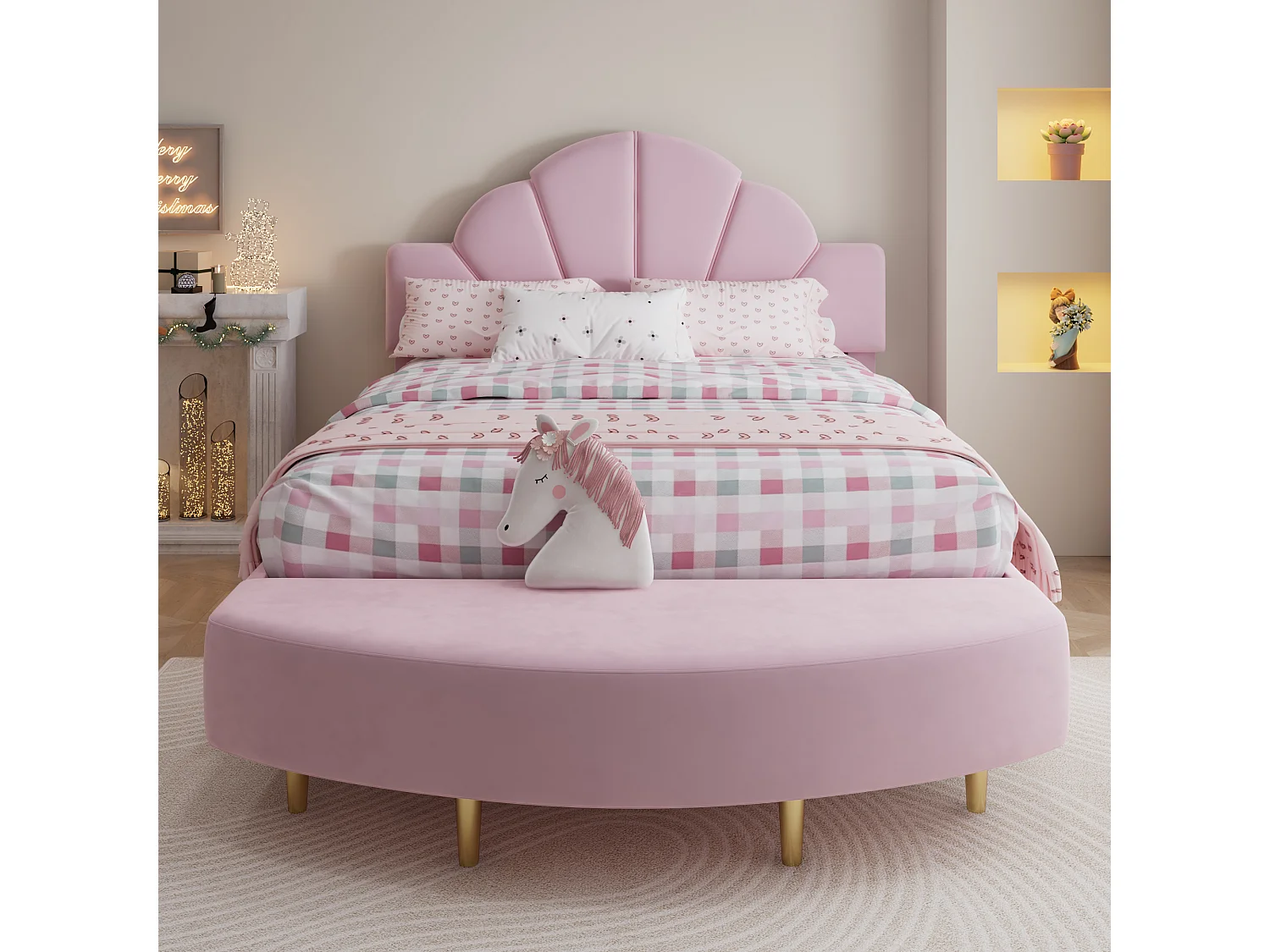 Lit capitonné simple pour enfant - 140 x 200 cm - avec tête de lit en + banc assorti - velours et contreplaqué - rose