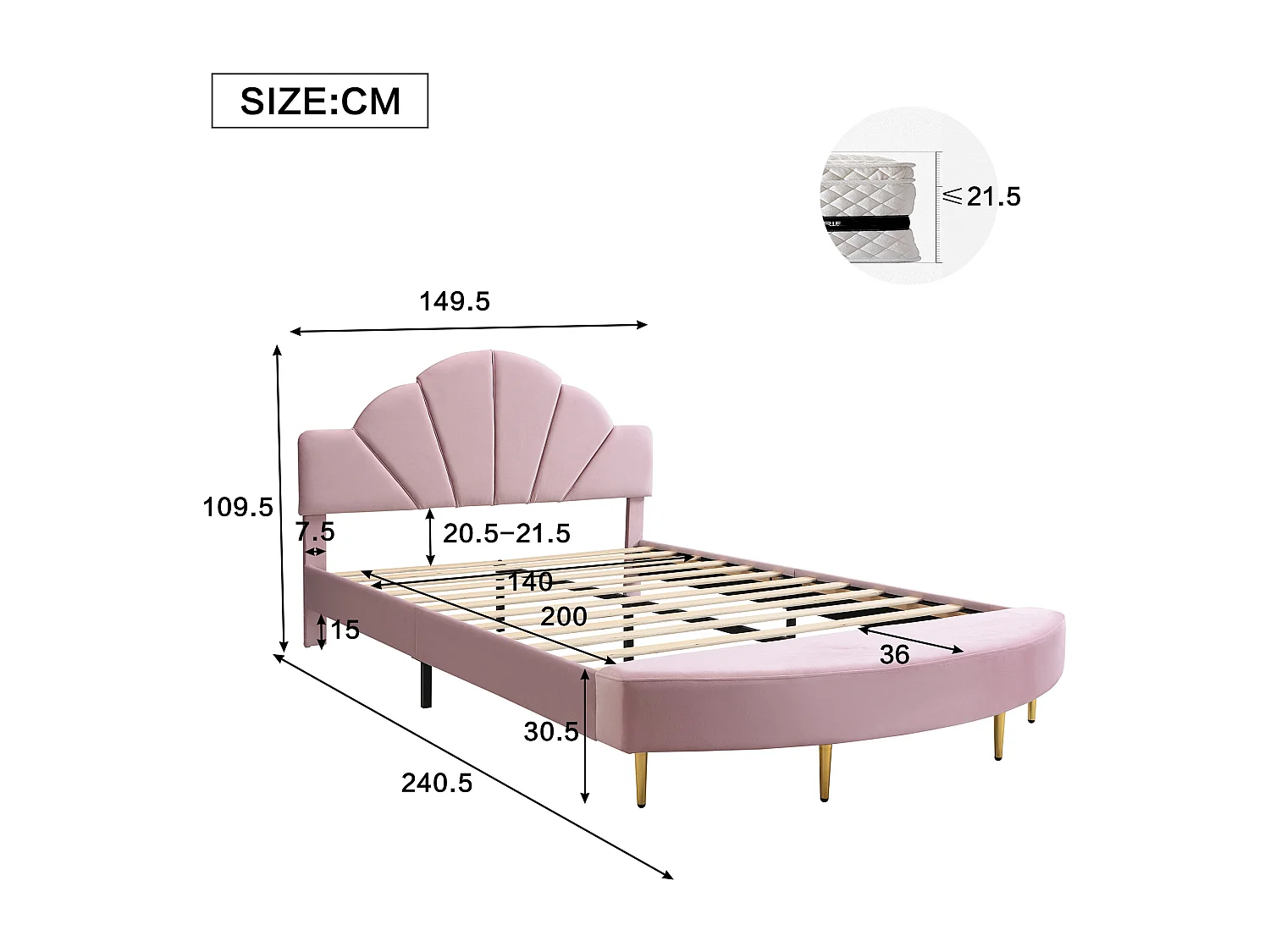 Lit capitonné simple pour enfant - 140 x 200 cm - avec tête de lit en + banc assorti - velours et contreplaqué - rose