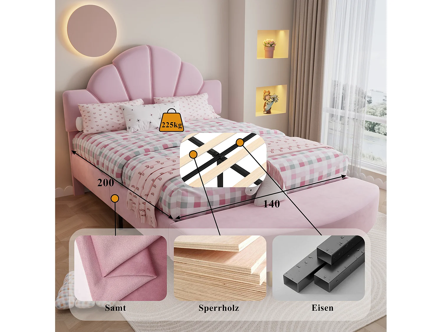 Lit capitonné simple pour enfant - 140 x 200 cm - avec tête de lit en + banc assorti - velours et contreplaqué - rose