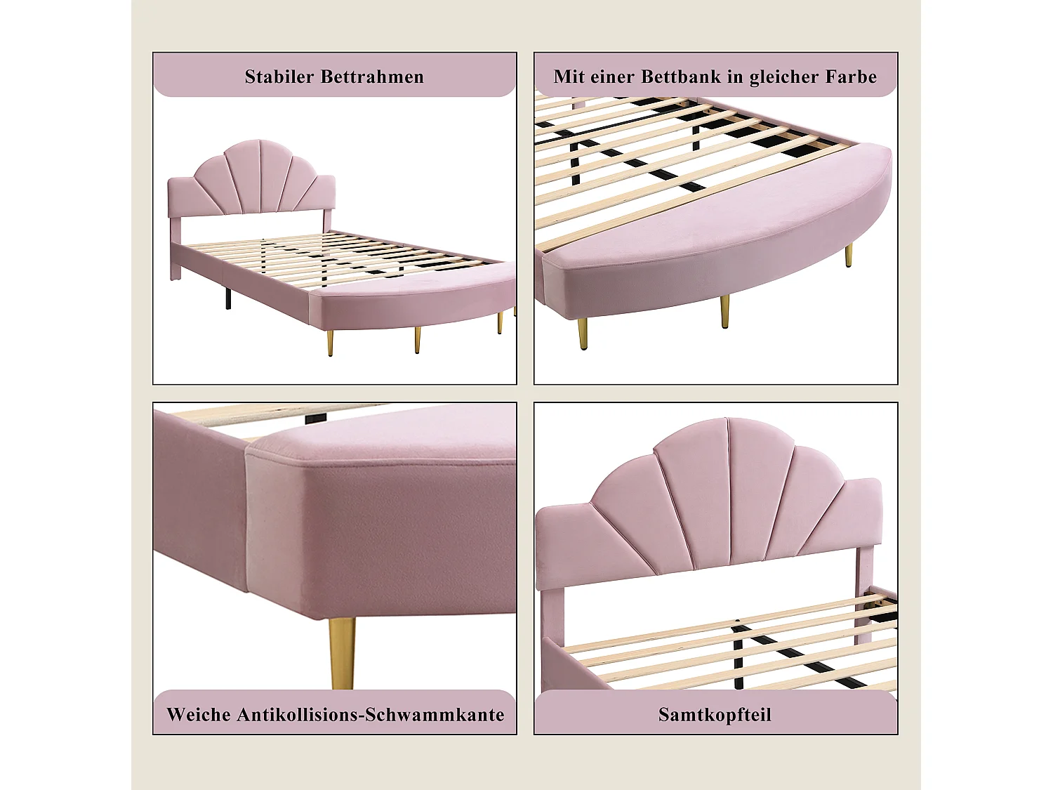 Lit capitonné simple pour enfant - 140 x 200 cm - avec tête de lit en + banc assorti - velours et contreplaqué - rose