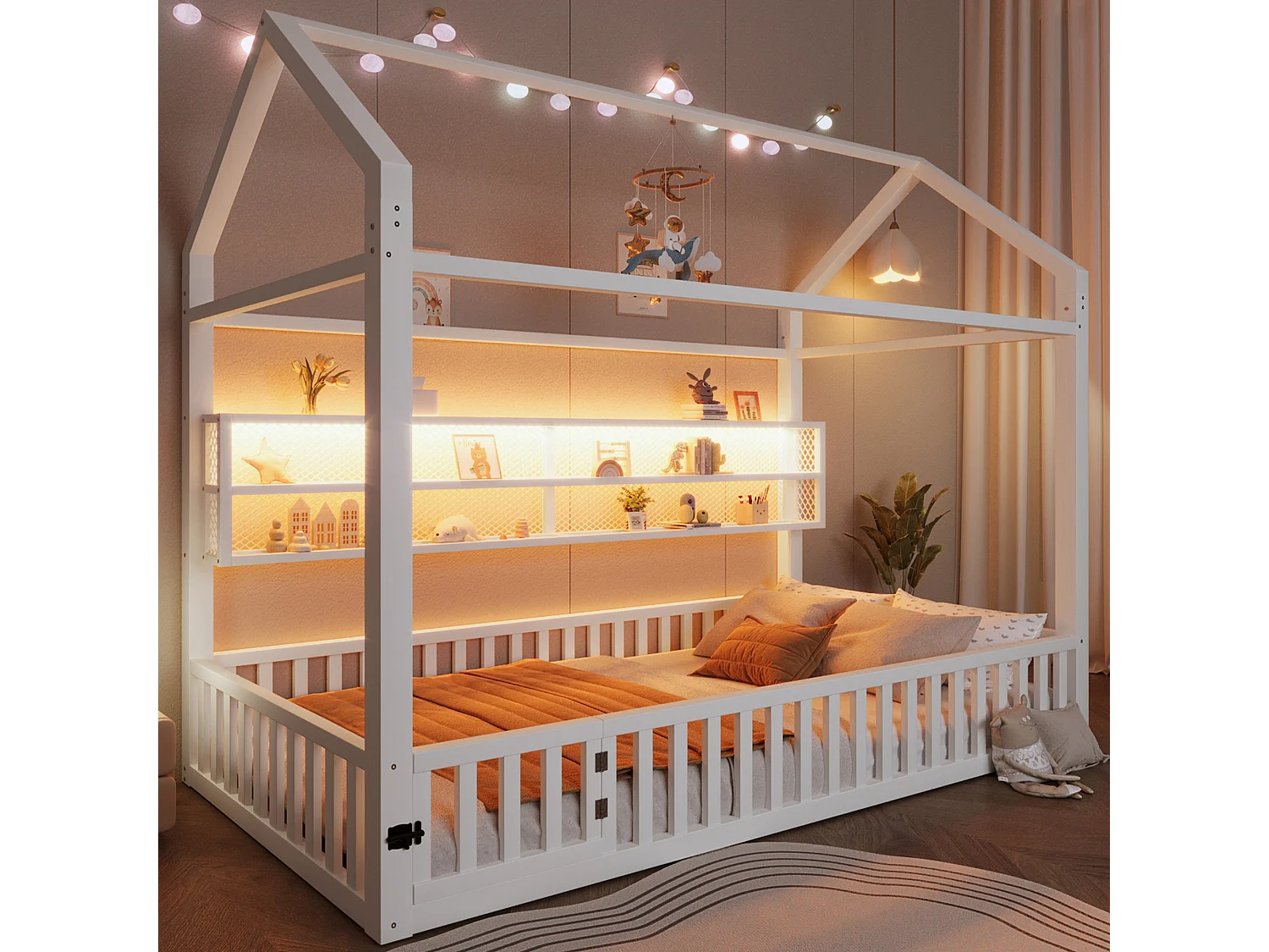 Lit plateforme en forme de maison pour enfant - 90 x 200 cm - avec barrière + Leds + rangement - métal - blanc