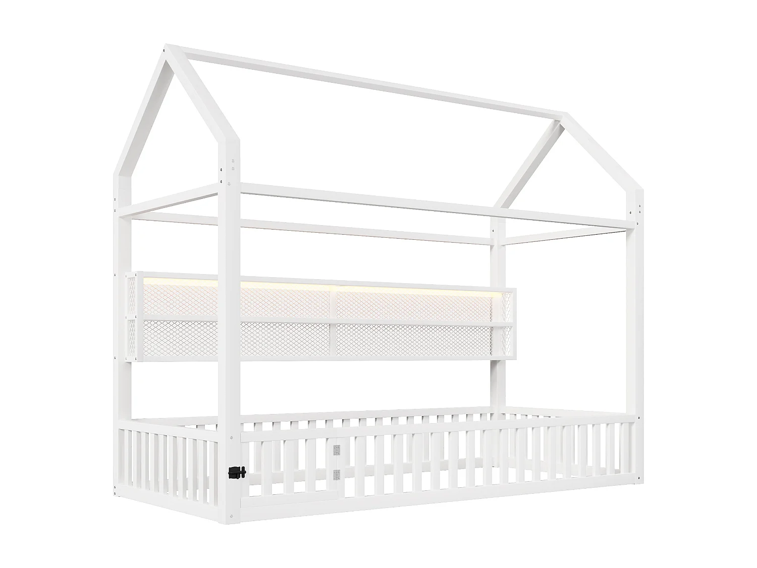 Lit plateforme en forme de maison pour enfant - 90 x 200 cm - avec barrière + Leds + rangement - métal - blanc