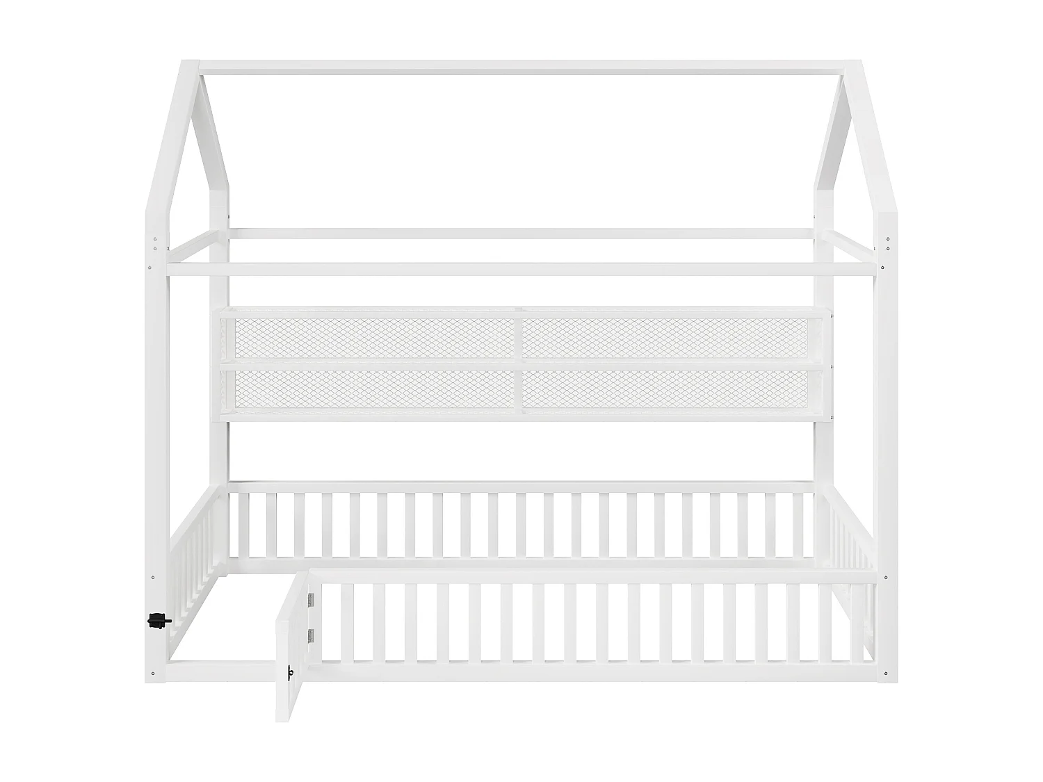 Lit plateforme en forme de maison pour enfant - 90 x 200 cm - avec barrière + Leds + rangement - métal - blanc