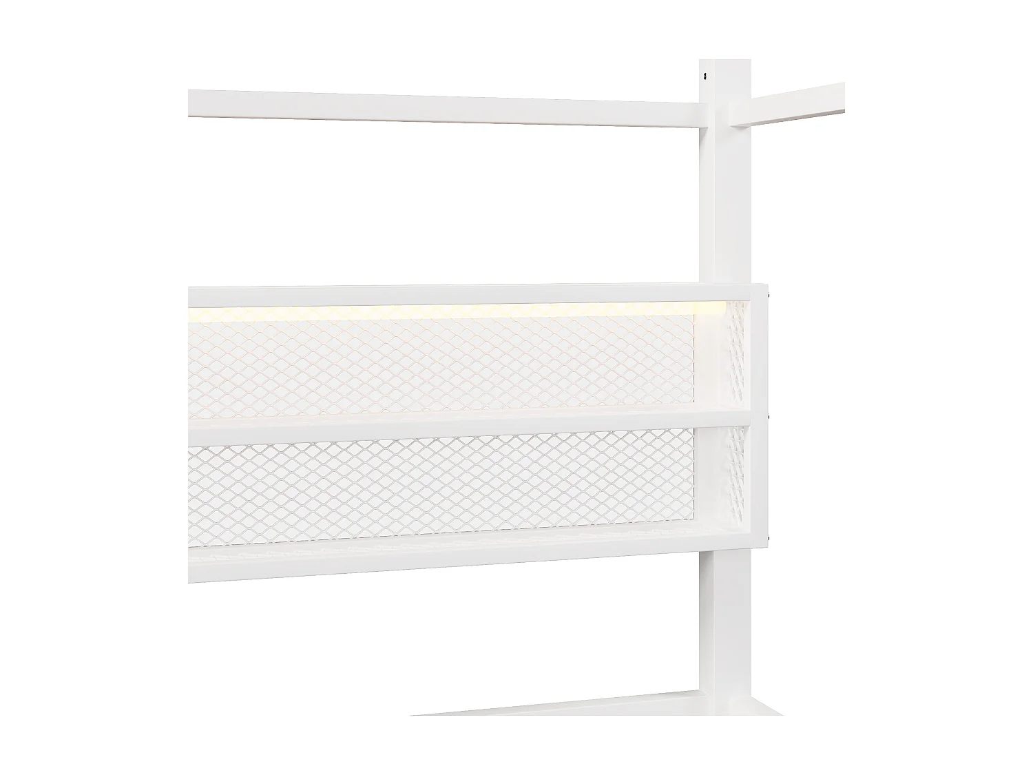 Lit plateforme en forme de maison pour enfant - 90 x 200 cm - avec barrière + Leds + rangement - métal - blanc