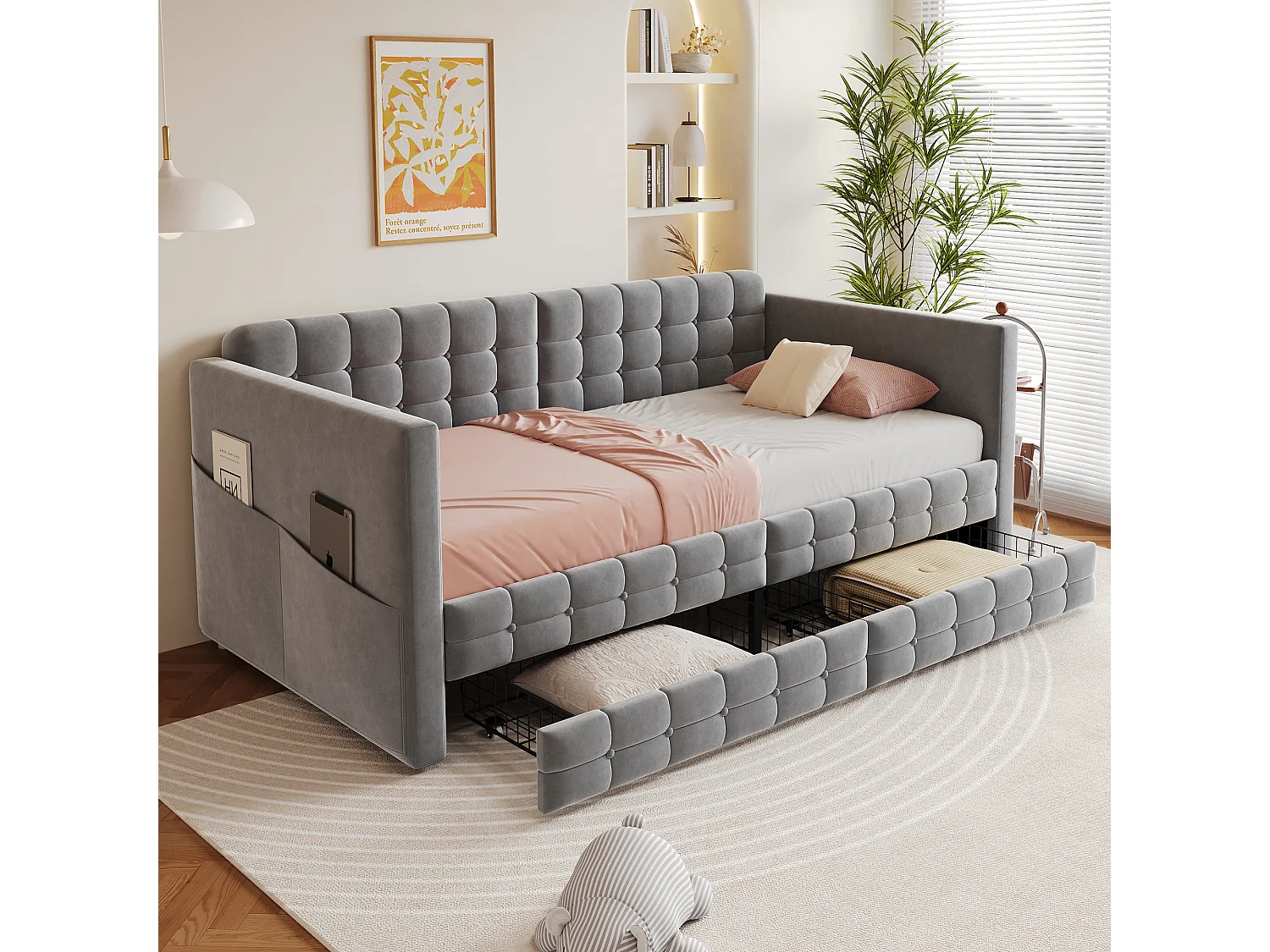 Canapé-lit capitonné pour enfant - 90 x 190 cm - avec 2 tiroirs -  velours - gris