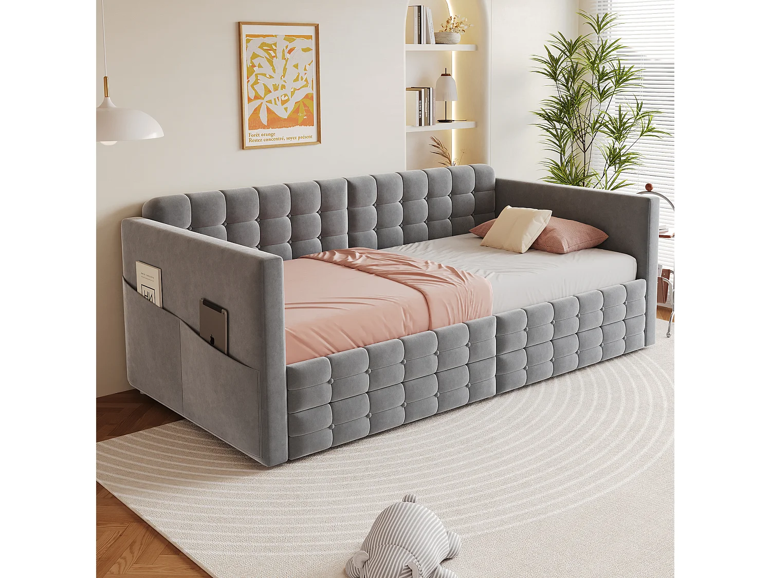 Canapé-lit capitonné pour enfant - 90 x 190 cm - avec 2 tiroirs -  velours - gris