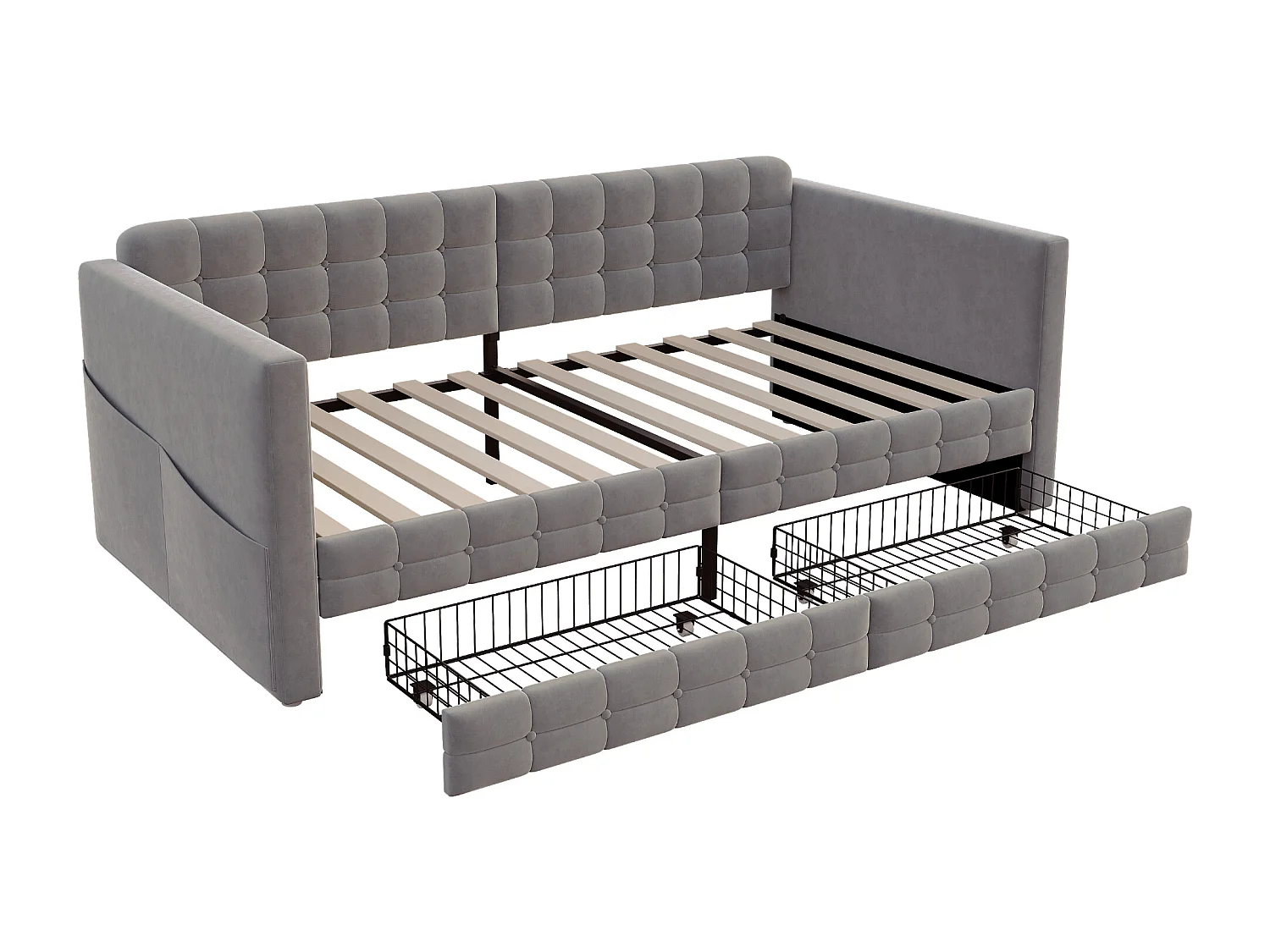 Canapé-lit capitonné pour enfant - 90 x 190 cm - avec 2 tiroirs -  velours - gris