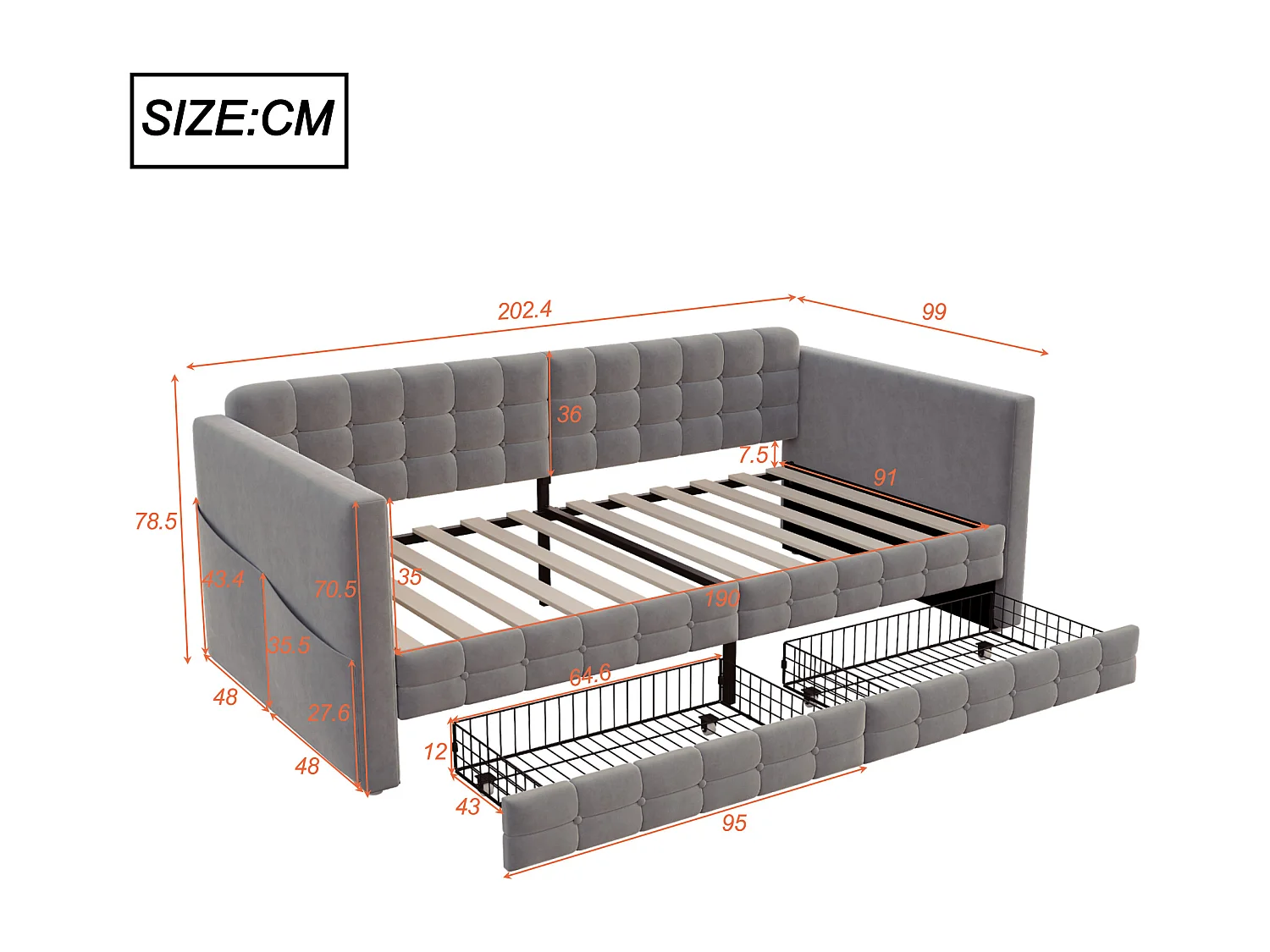 Canapé-lit capitonné pour enfant - 90 x 190 cm - avec 2 tiroirs -  velours - gris