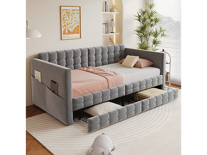 Canapé-lit capitonné pour enfant - 90 x 190 cm - avec 2 tiroirs -  velours - gris