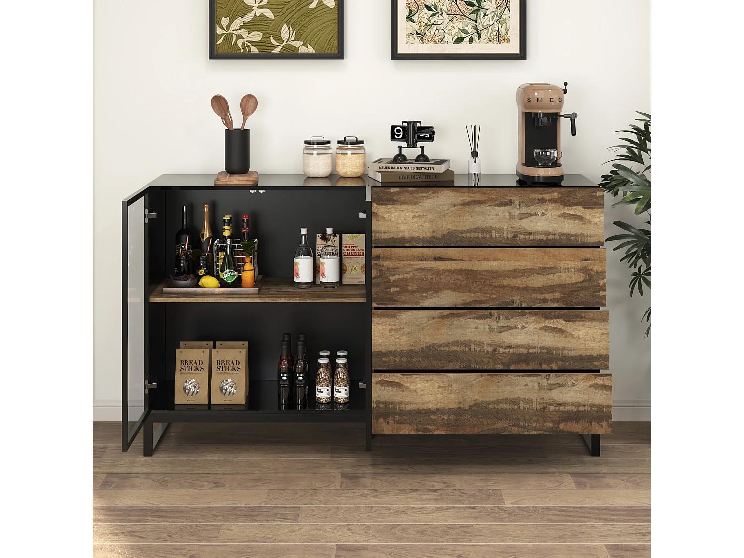 Vitrine avec 2 Porte en Verre et 4 Tiroirs avce Aspect du Bois, Buffet de Cuisine avec Lumière LED, Salon, 160x41x95, Noir