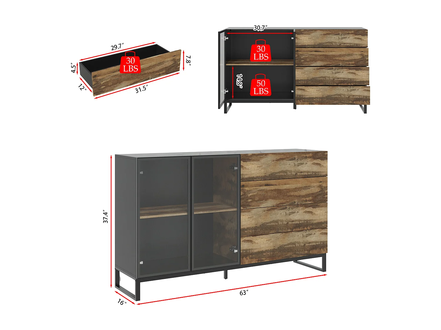 Vitrine avec 2 Porte en Verre et 4 Tiroirs avce Aspect du Bois, Buffet de Cuisine avec Lumière LED, Salon, 160x41x95, Noir