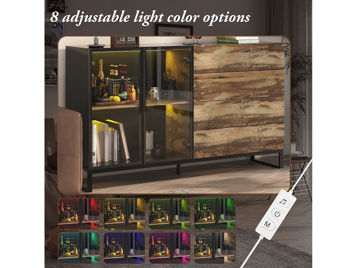 Vitrine avec 2 Porte en Verre et 4 Tiroirs avce Aspect du Bois, Buffet de Cuisine avec Lumière LED, Salon, 160x41x95, Noir