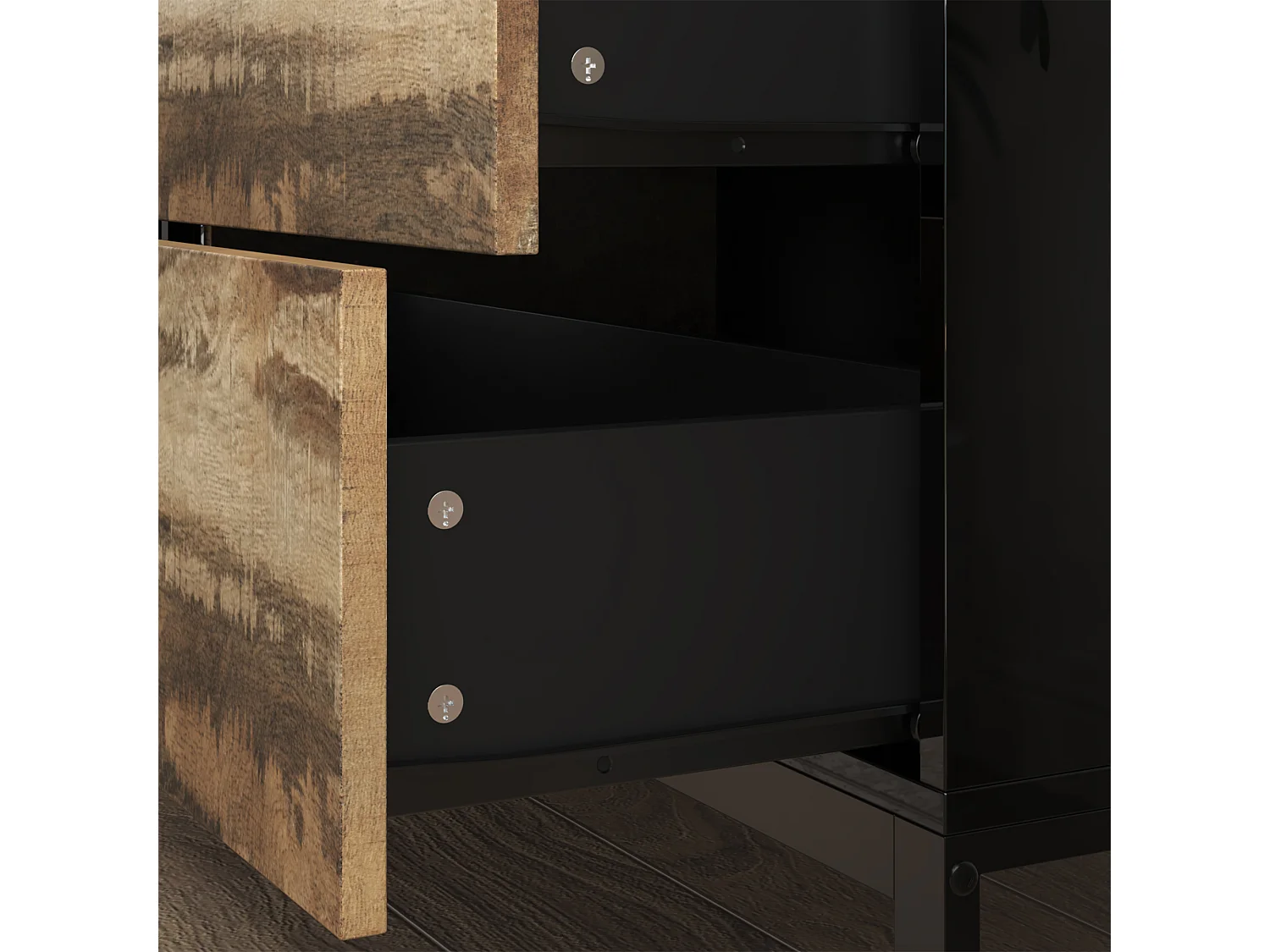 Vitrine avec 2 Porte en Verre et 4 Tiroirs avce Aspect du Bois, Buffet de Cuisine avec Lumière LED, Salon, 160x41x95, Noir