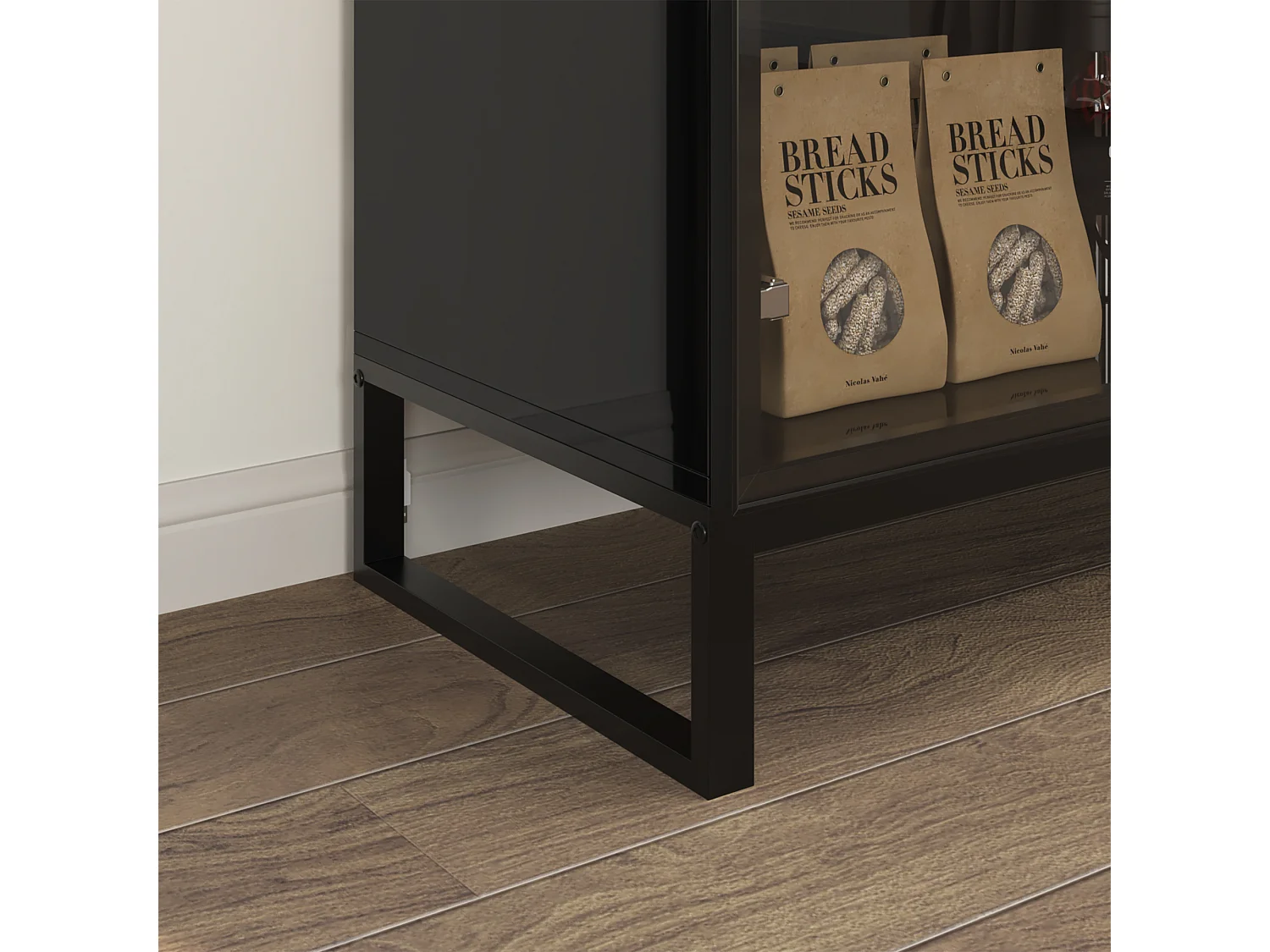 Vitrine avec 2 Porte en Verre et 4 Tiroirs avce Aspect du Bois, Buffet de Cuisine avec Lumière LED, Salon, 160x41x95, Noir