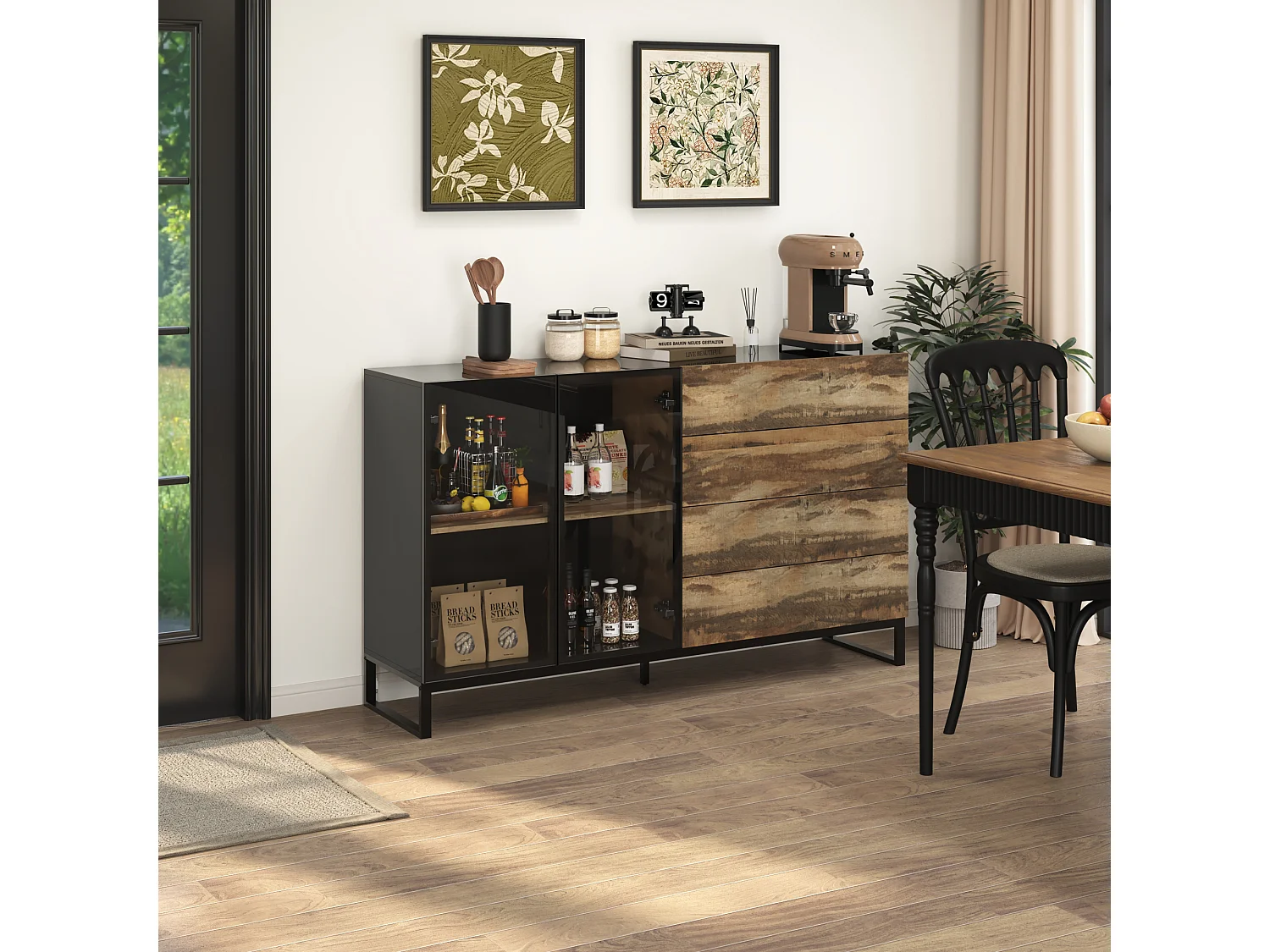 Vitrine avec 2 Porte en Verre et 4 Tiroirs avce Aspect du Bois, Buffet de Cuisine avec Lumière LED, Salon, 160x41x95, Noir