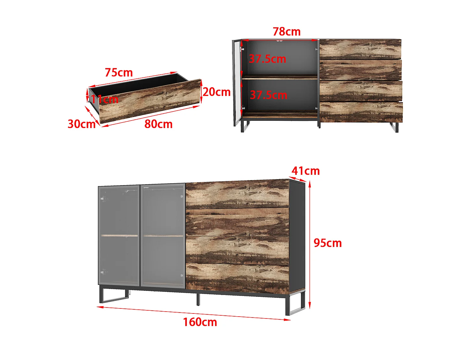 Vitrine à Lumière LED, Buffet avec 2 Portes en Verre et 4 Tiroirs avec Aspect du Bois, Salon, 160x41x95, Noir Brillant