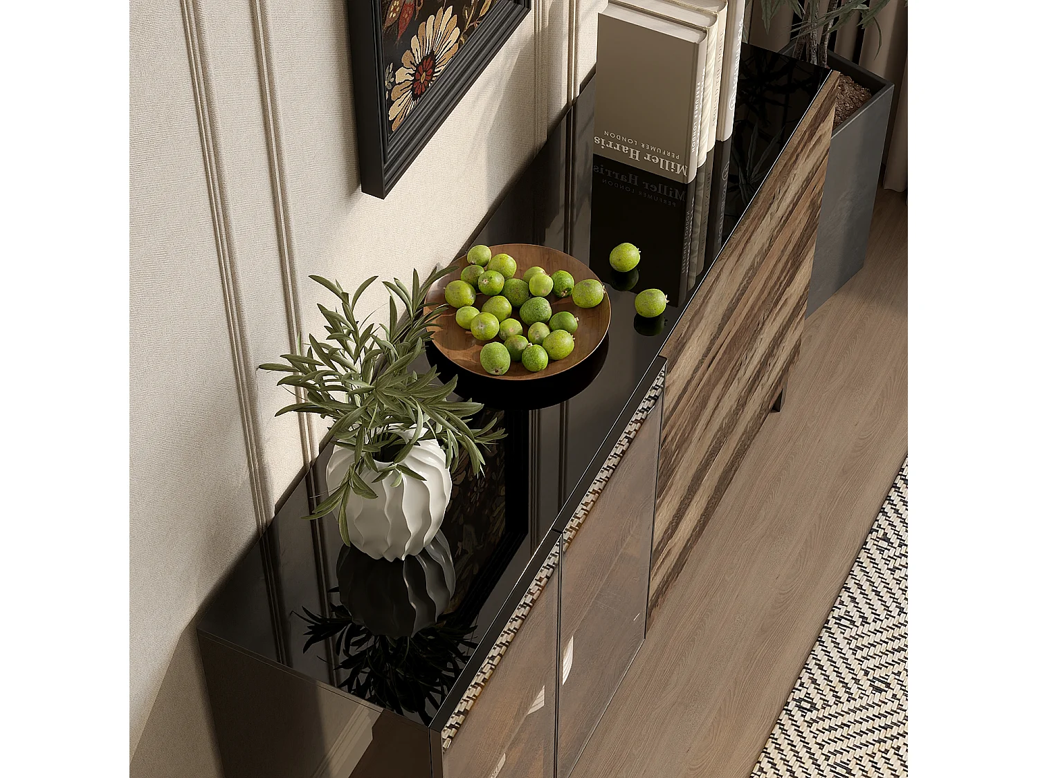 Vitrine à Lumière LED, Buffet avec 2 Portes en Verre et 4 Tiroirs avec Aspect du Bois, Salon, 160x41x95, Noir Brillant