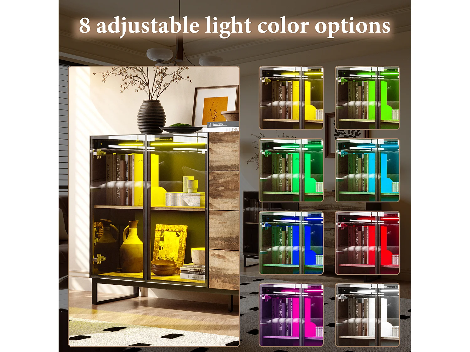 Vitrine à Lumière LED, Buffet avec 2 Portes en Verre et 4 Tiroirs avec Aspect du Bois, Salon, 160x41x95, Noir Brillant