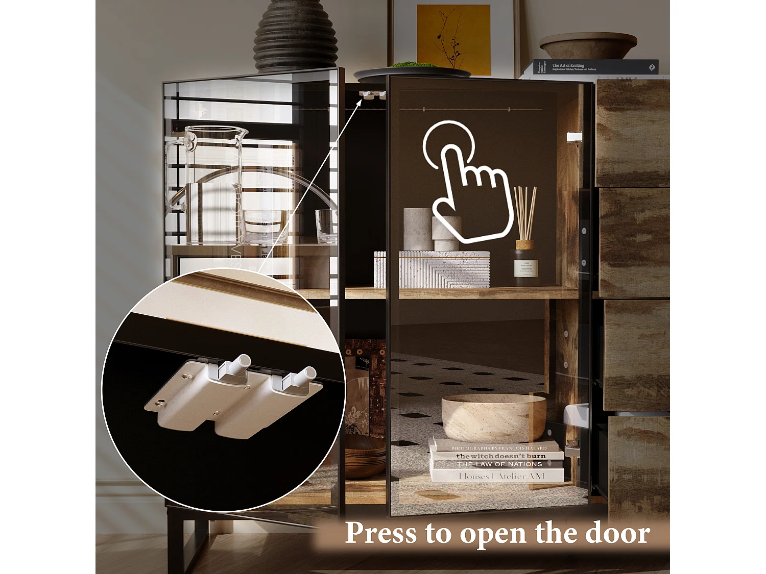 Vitrine à Lumière LED, Buffet avec 2 Portes en Verre et 4 Tiroirs avec Aspect du Bois, Salon, 160x41x95, Noir Brillant