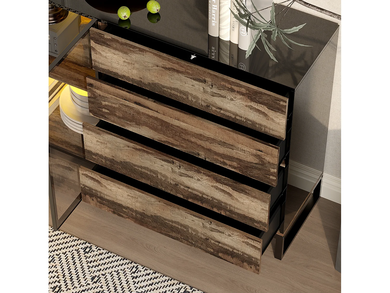 Vitrine à Lumière LED, Buffet avec 2 Portes en Verre et 4 Tiroirs avec Aspect du Bois, Salon, 160x41x95, Noir Brillant