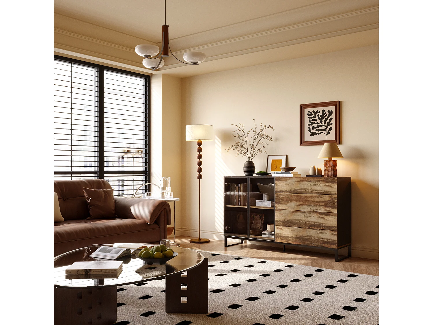 Vitrine à Lumière LED, Buffet avec 2 Portes en Verre et 4 Tiroirs avec Aspect du Bois, Salon, 160x41x95, Noir Brillant